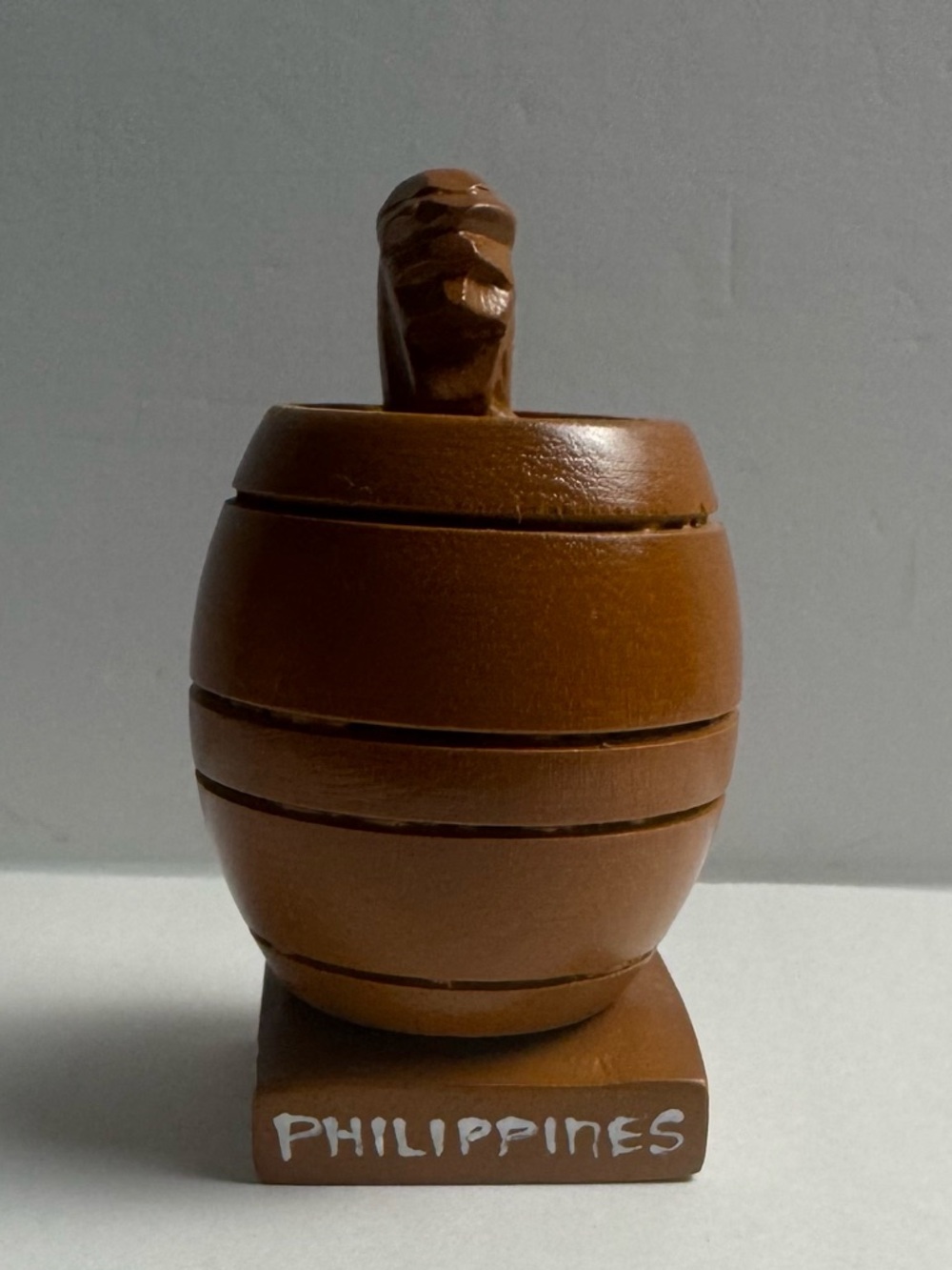 Vintage Hand-Carved Philippine Wooden Souvenir Barrel Man Surprised Gag Gift